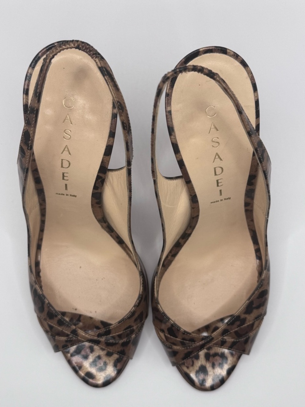 Casadei Leopard Print Patent Leather Black/Brown Slingback Peep-Toe Heels Sz 9B - Picture 3 of 7